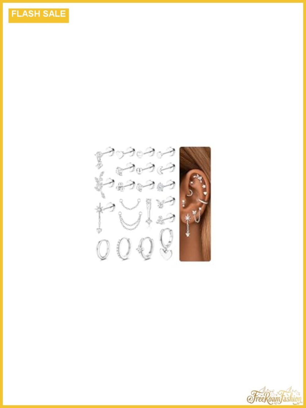 21pc Flat Back Earrings Set Helix Cartilage Stud Tragus Hoop 316L Surgical Steel
